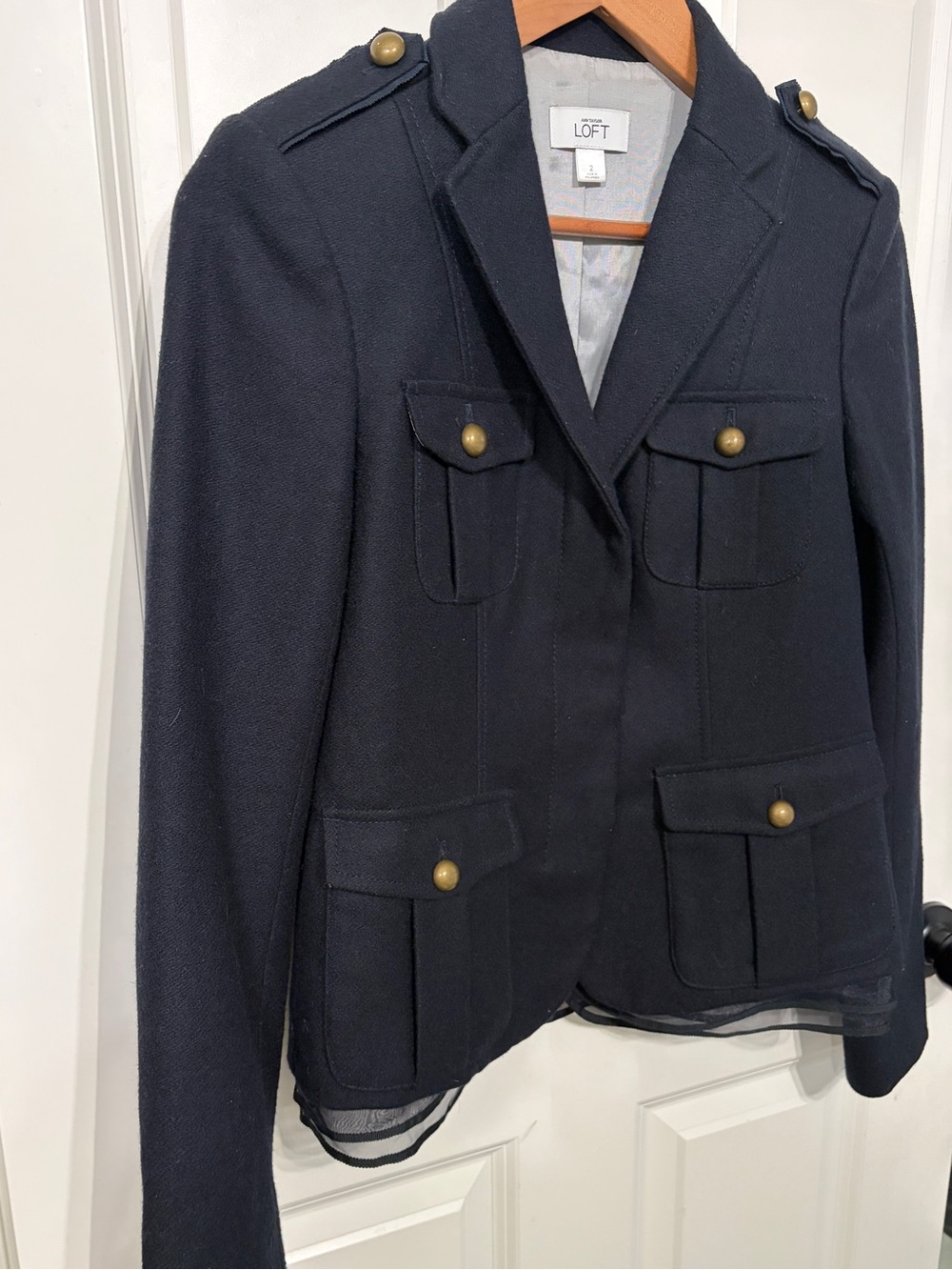 Beautiful Loft size 2 women’s wool  
navy blue military blazer with ruffle hem. - Picture 2 of 10